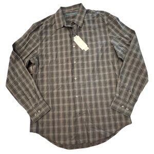 Perry Ellis Shirt Mens Size Medium Long Sleeve Gray Plaid 100% Cotton Poplin NEW